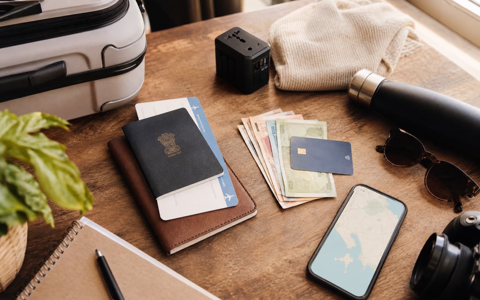 Passport, boarding pass, currency, travel adapter and packing items for a first trip abroad