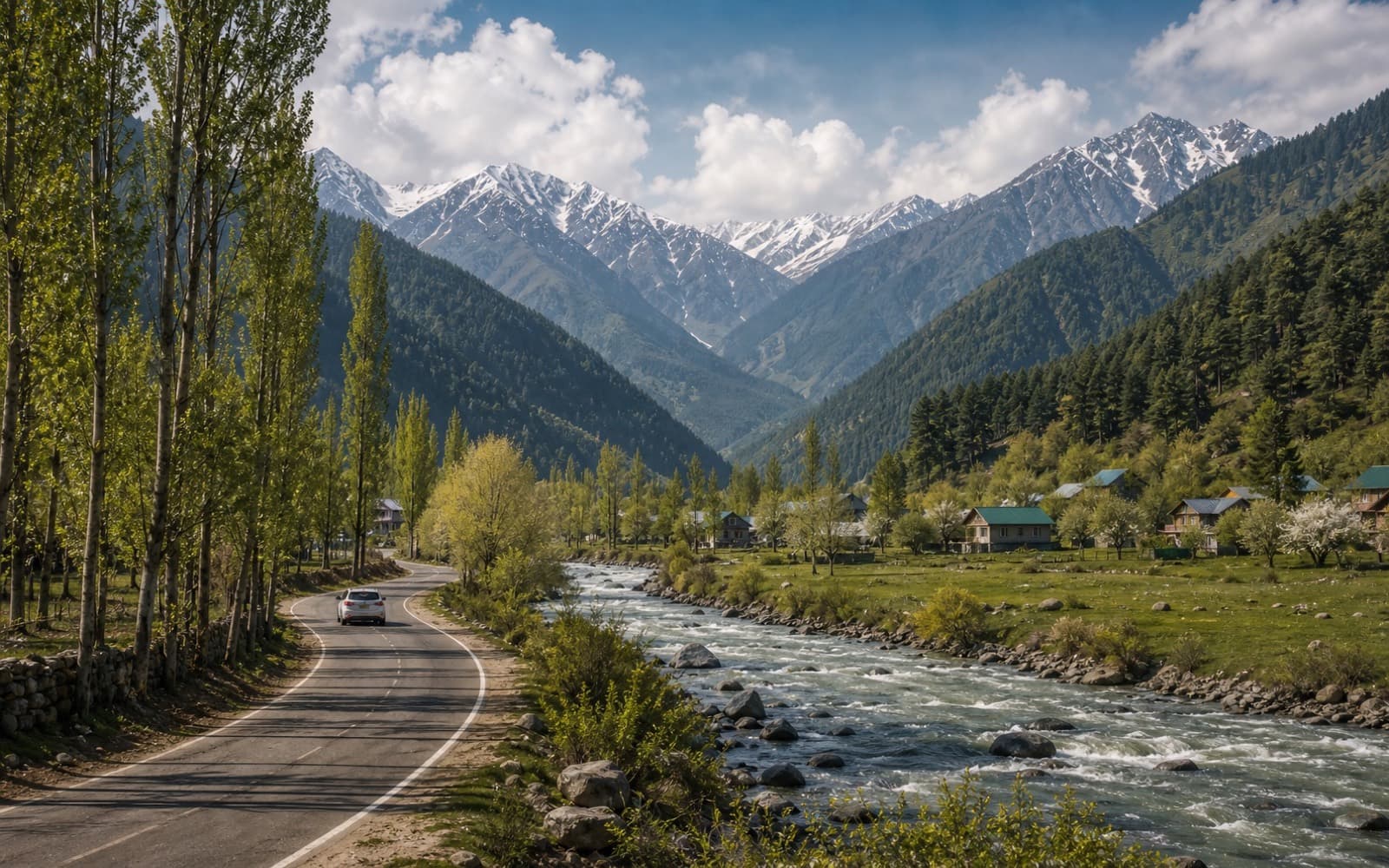 Kashmir valley road following a river toward snow-capped mountains