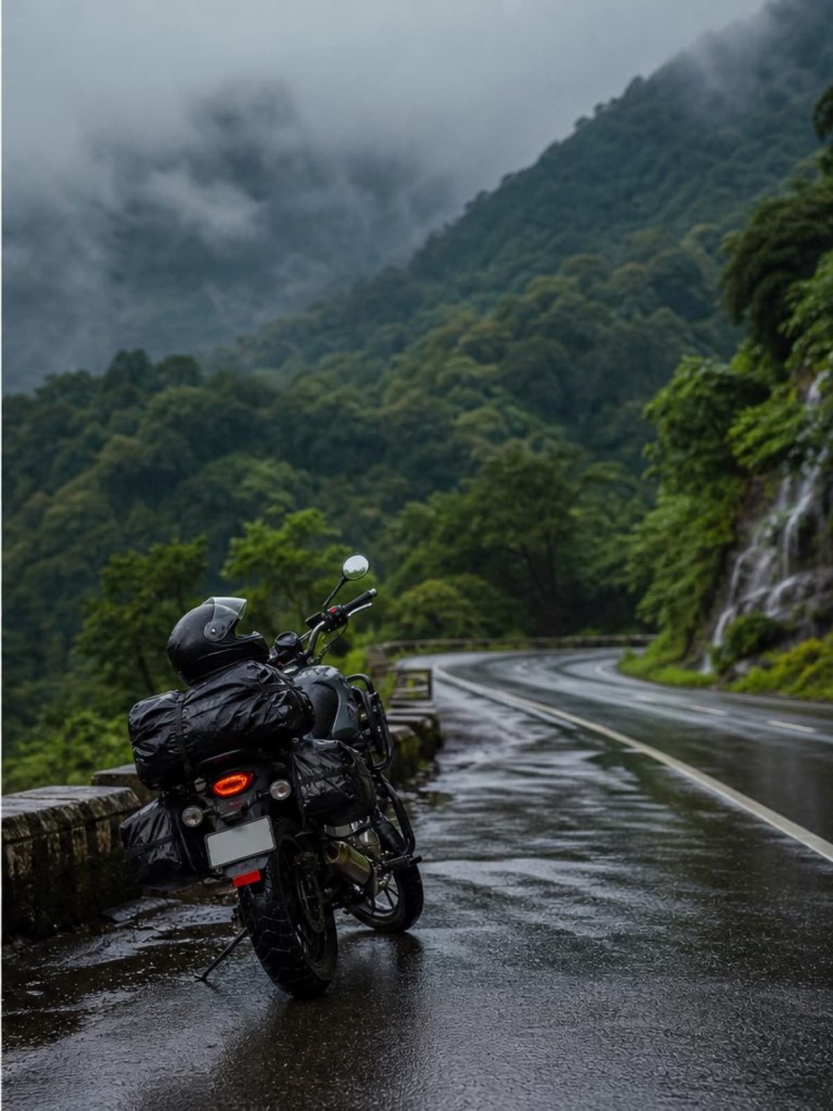 Touring motorcycle parked beside a wet Western Ghats road in monsoon mist