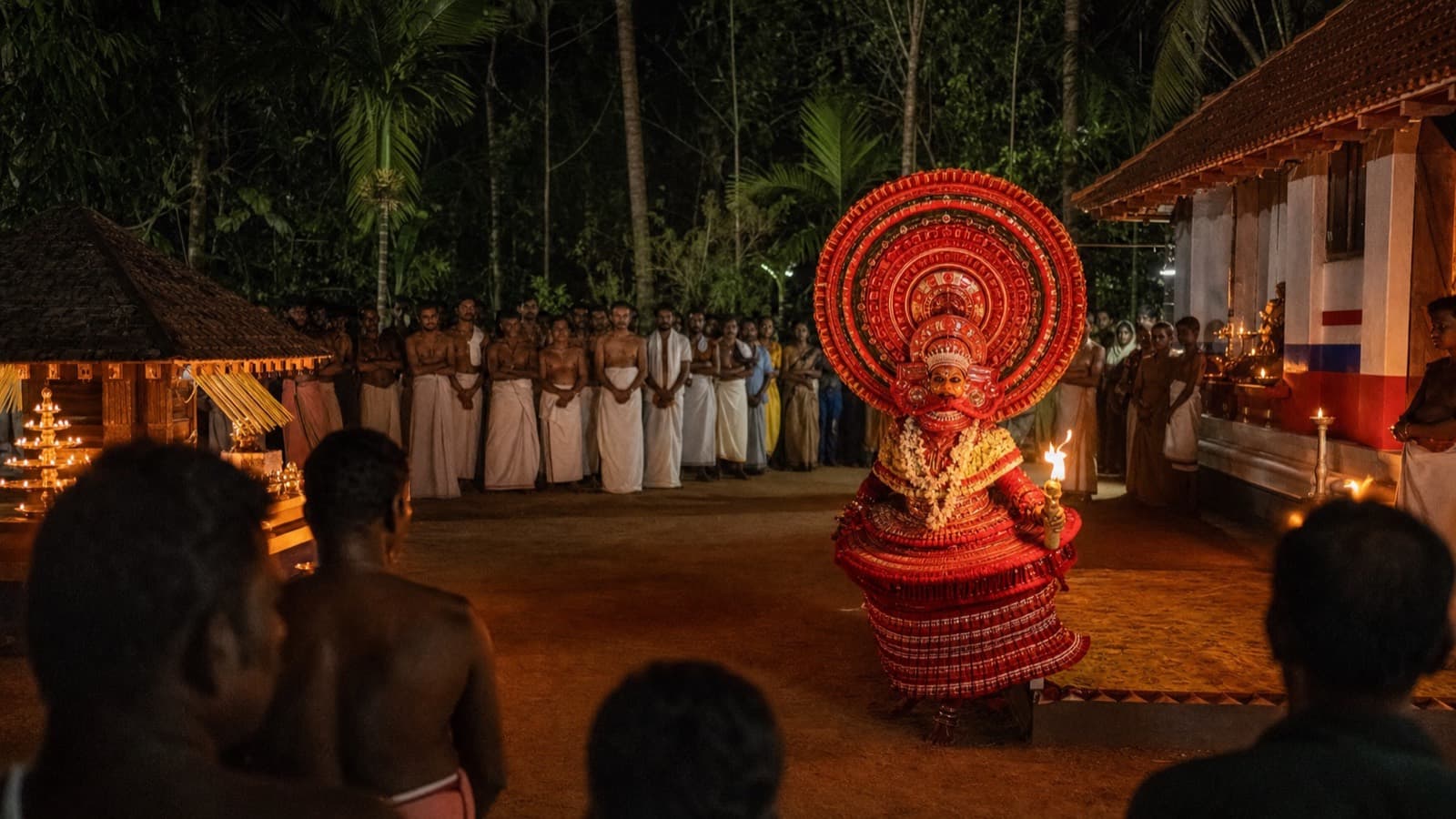 Theyyam performer in a North Kerala shrine courtyard at night