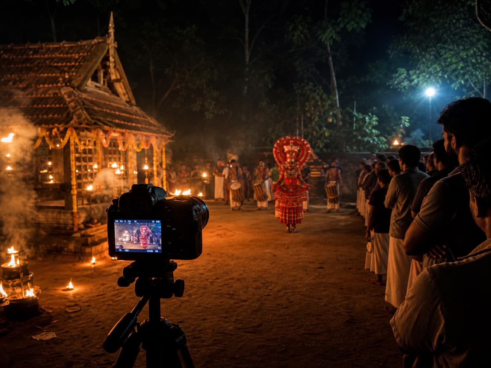 Camera filming a Theyyam ritual from a respectful distance in a North Kerala shrine courtyard