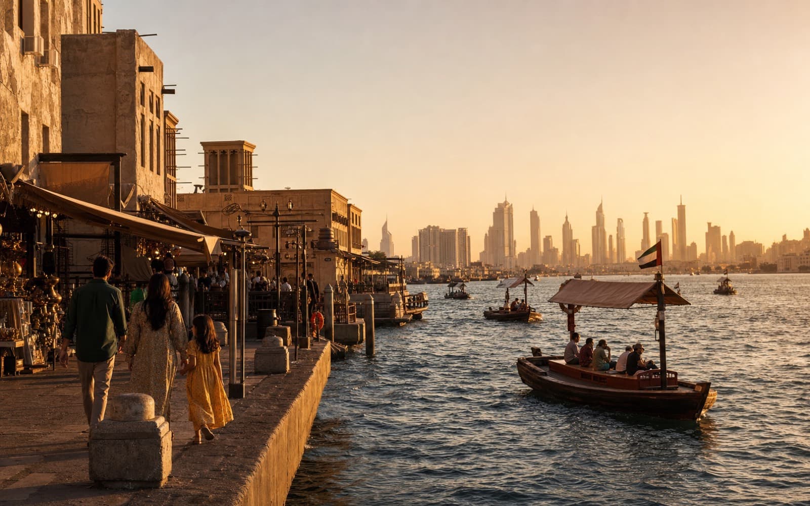 Dubai Creek at golden hour with souks, abra boats and skyline