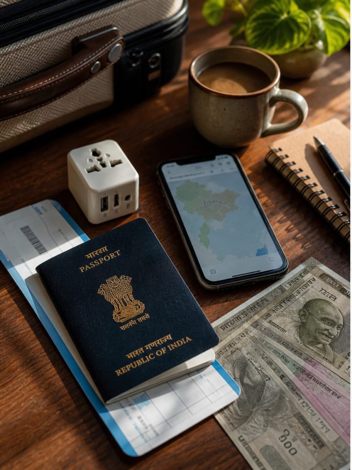 Indian passport, travel adapter, rupee notes and planning tools for a first international trip