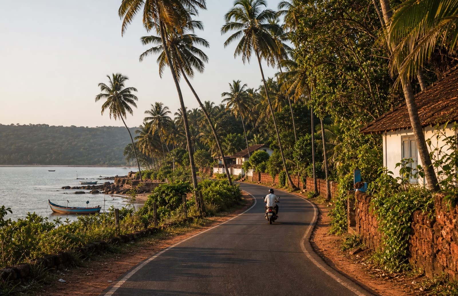 Scooter riding along a coconut-lined Goan coastal village road