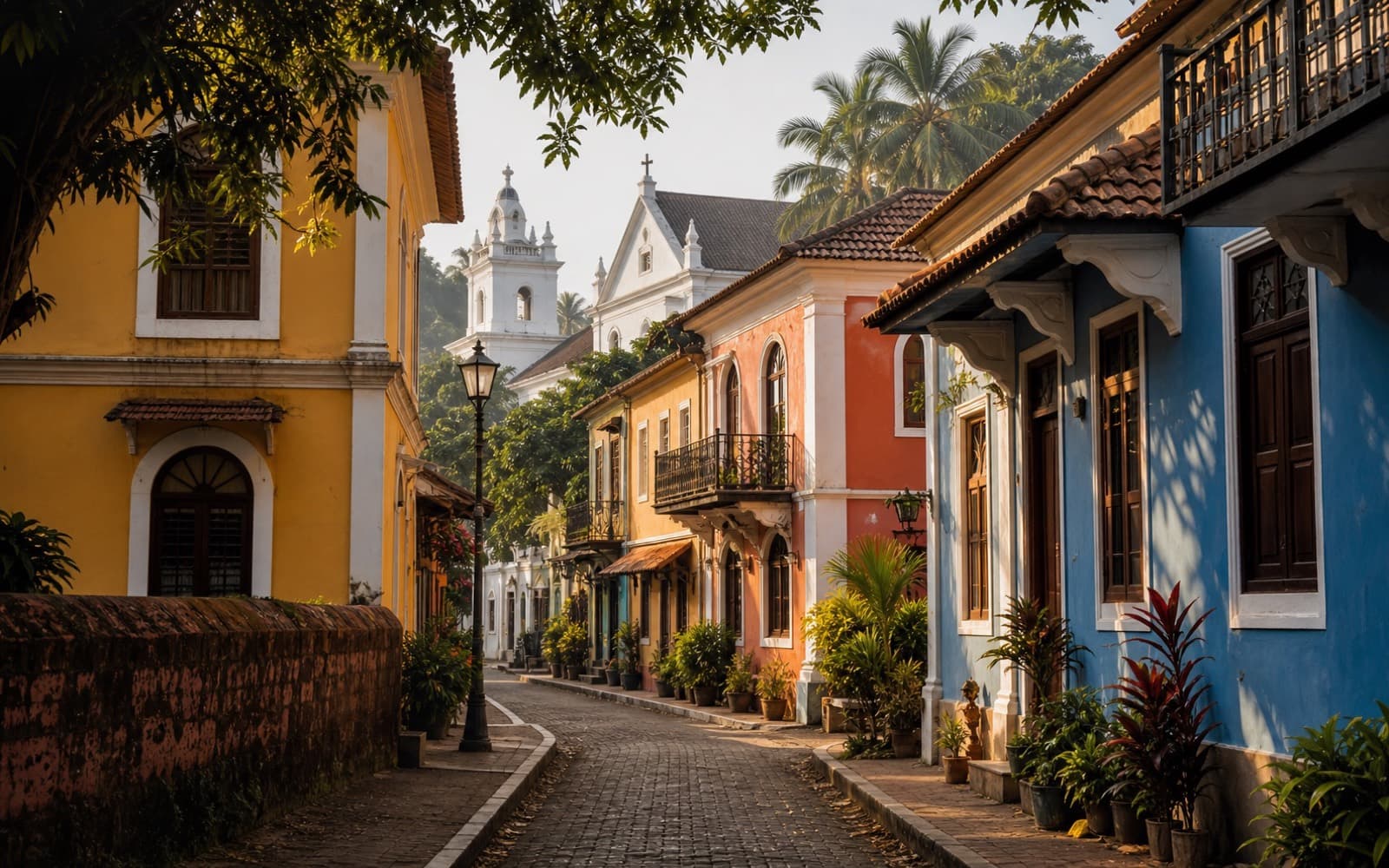 Colorful Portuguese-era houses and a white church on a quiet Goan heritage lane