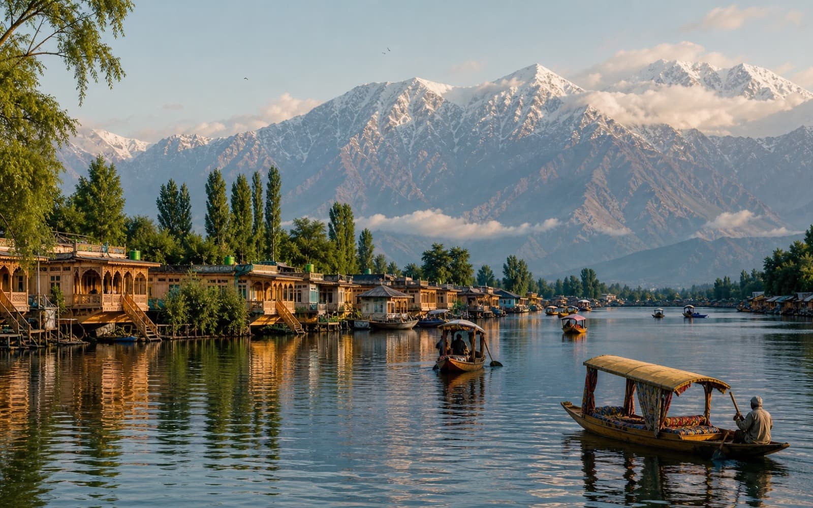 Dal Lake shikaras and houseboats below snow-capped Kashmir mountains