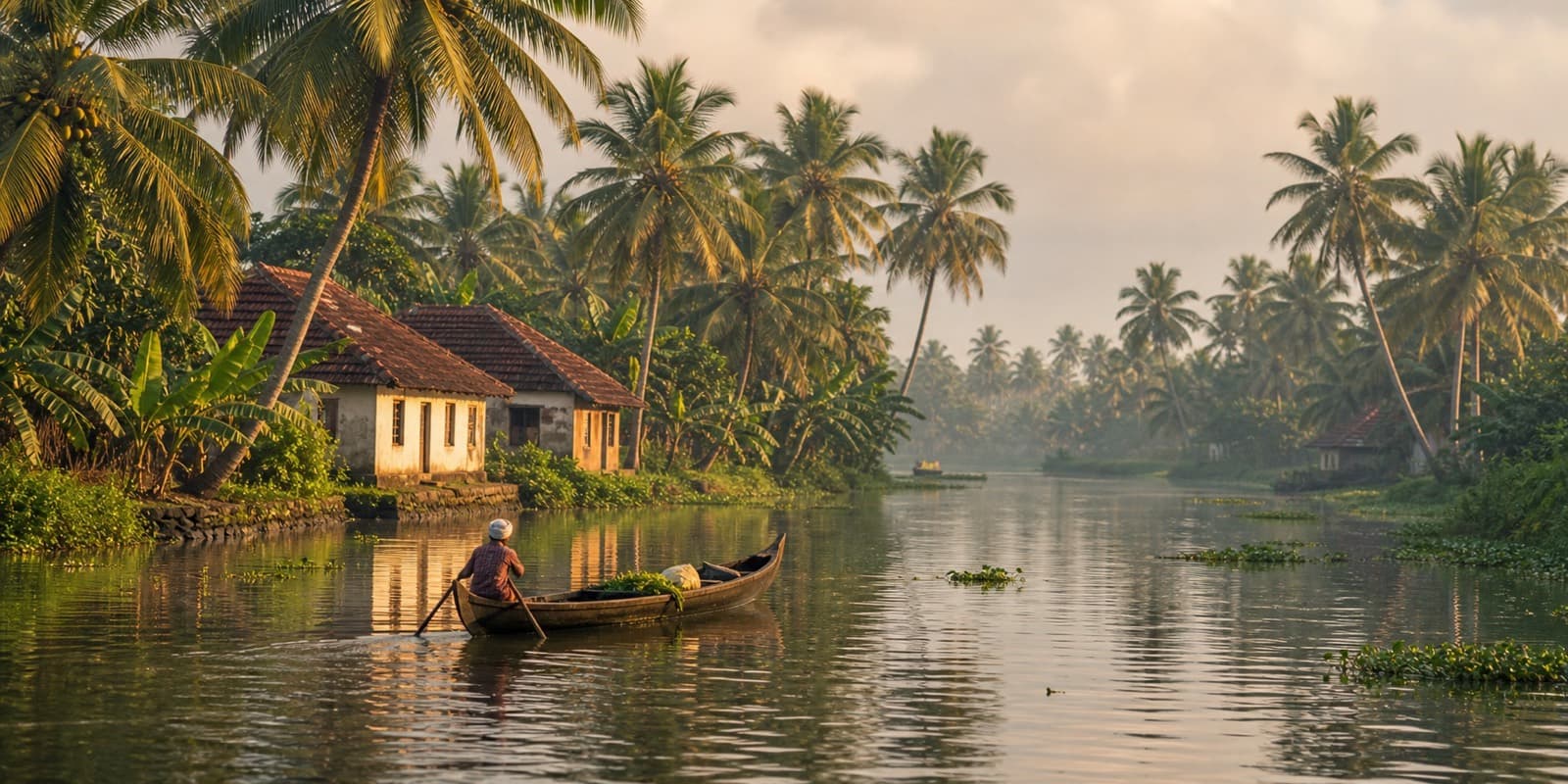 Kerala backwater canal with coconut palms and a small wooden boat