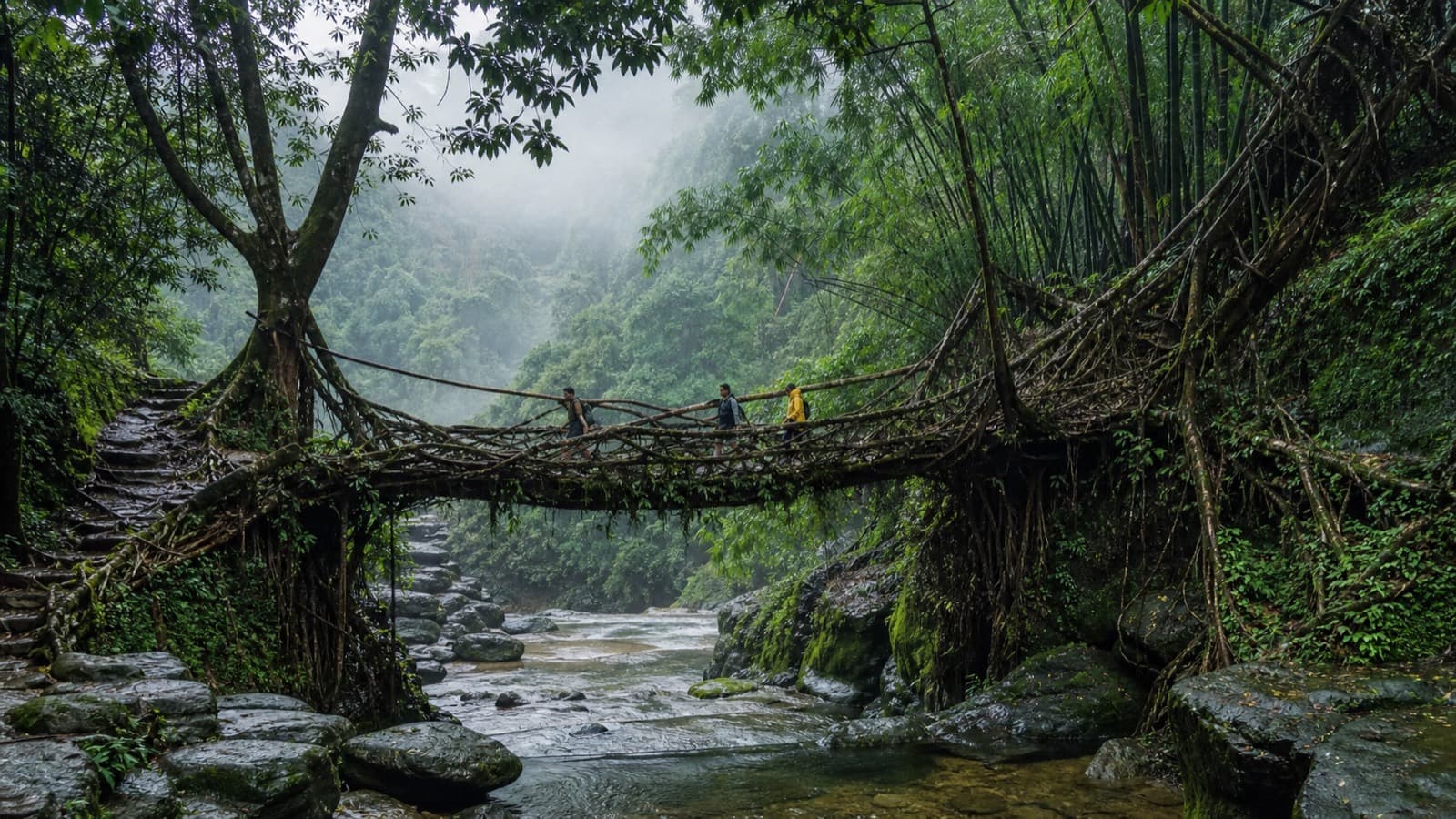 Living root bridge over a stream in a misty Meghalaya forest