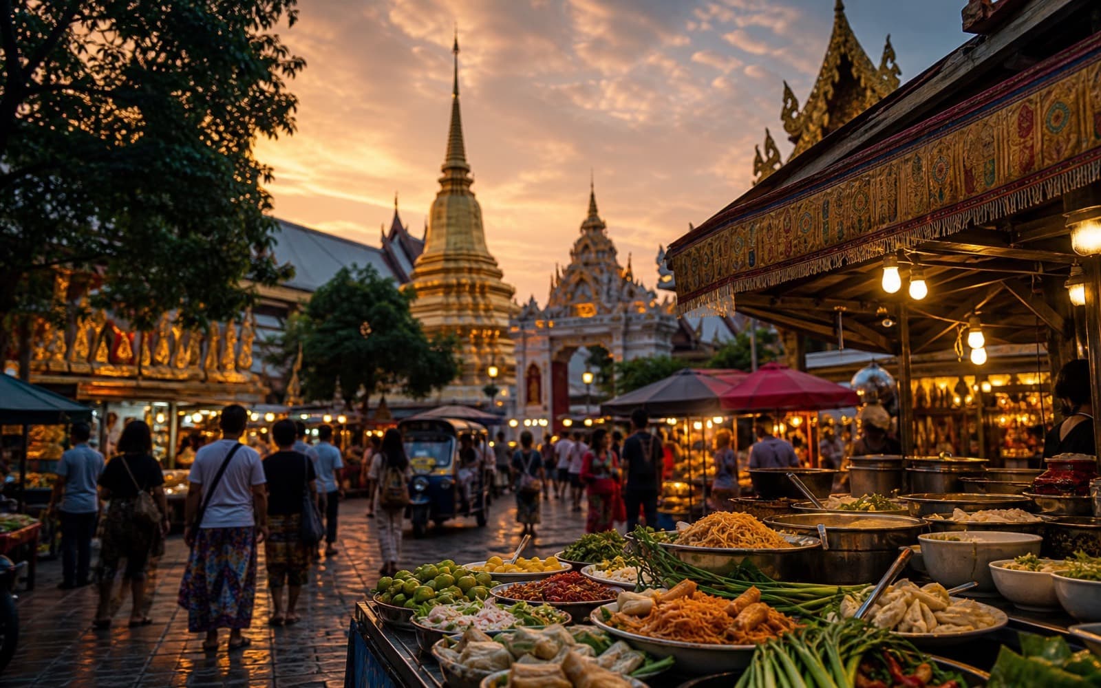 Thai temple market scene with street food and warm evening light