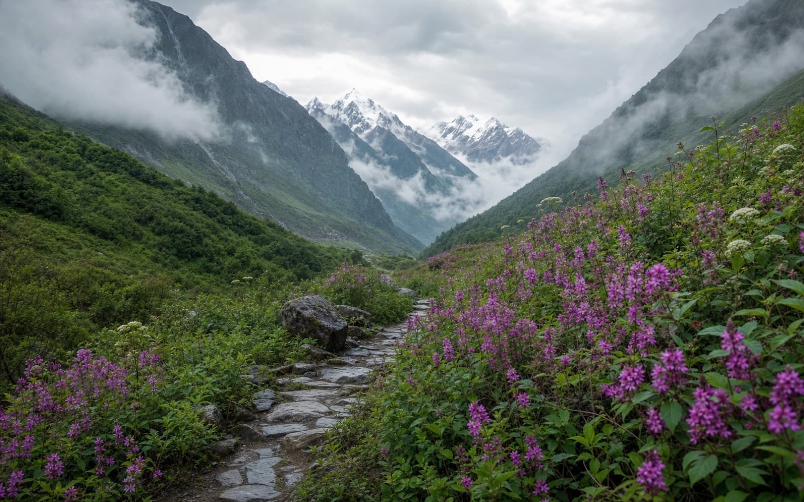 Misty Uttarakhand Himalayan valley trail lined with monsoon wildflowers