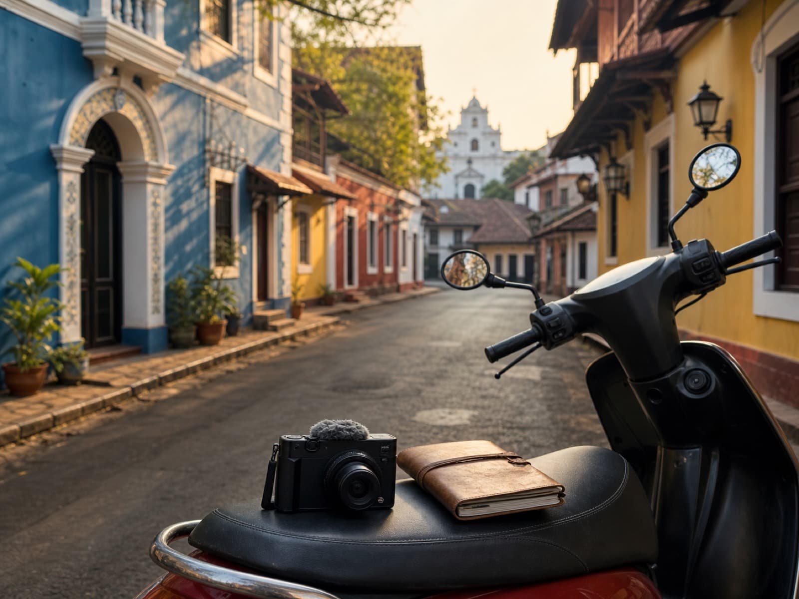 Video camera and notebook on a scooter in a quiet Goan heritage lane