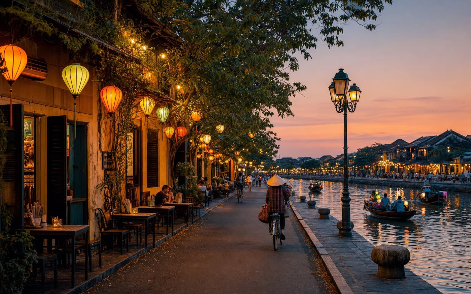 Lantern-lit riverside street in Vietnam at dusk